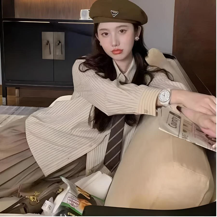 【三件套】美拉德色系装条纹衬衫卡其百褶裙短裙领带纯欲慵懒风套装