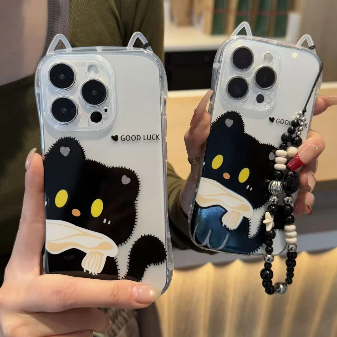 奥菲顿可爱黑猫挂链适用苹果17/16猫耳手机壳小米vivo华为p70oppo