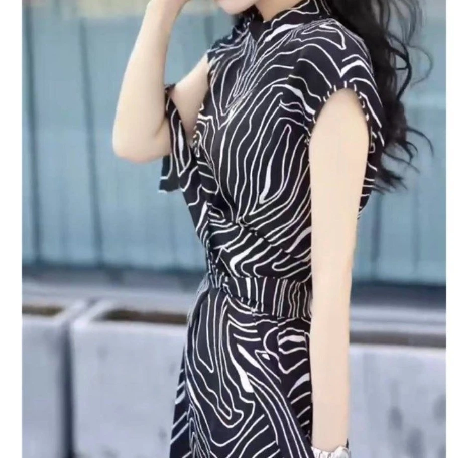 夏季新款立领短袖修身后开叉显瘦长款连衣裙裙子
