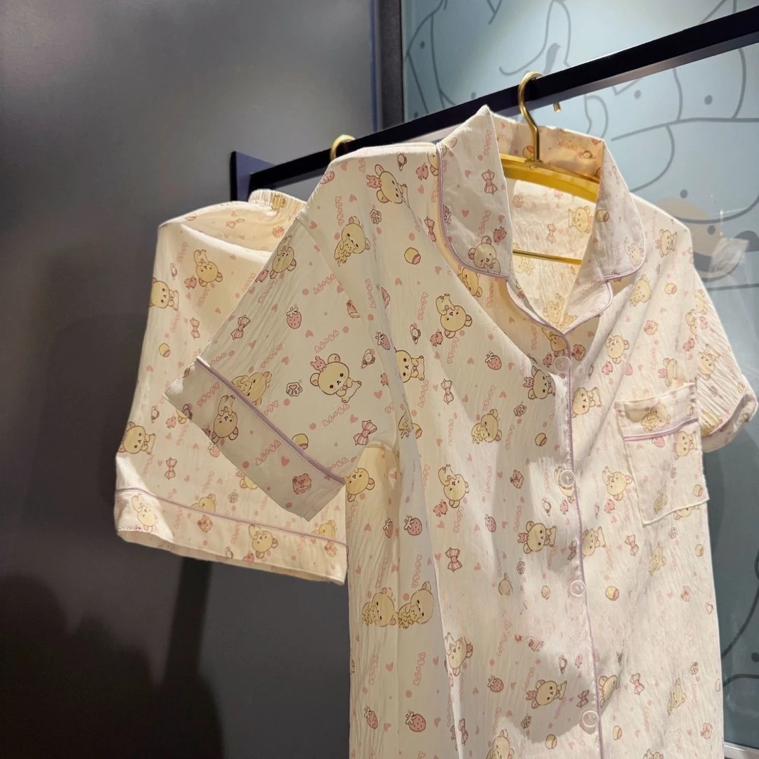 日系ins风甜美可爱卡通轻松熊睡衣女夏季新款短袖短裤家居服套装