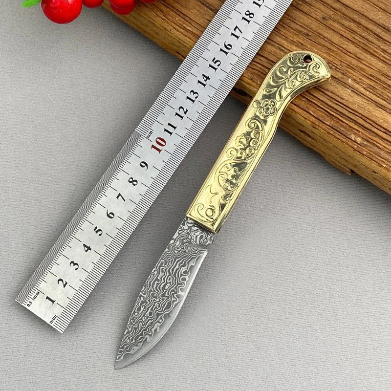 (新疆包邮)英吉沙黄铜手柄手工大马士革折叠刀花纹精美锋利随身带