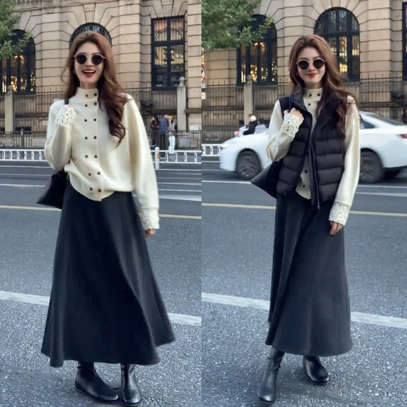 2025秋冬搭配一整套女韩版镂空纽扣针织衫棉服马甲半身裙三件套潮