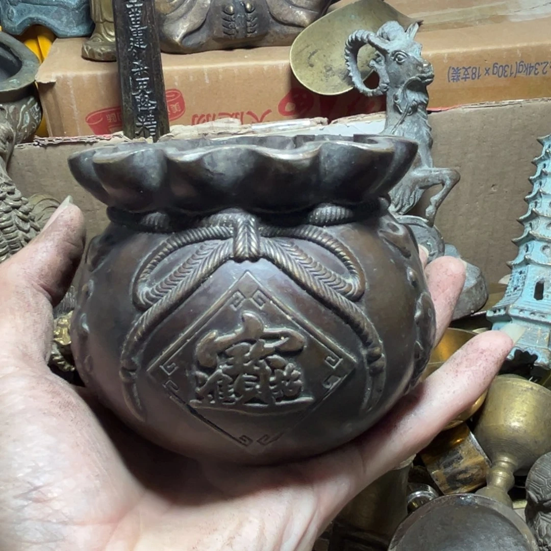 花****铜铁合金类铜钱袋香炉