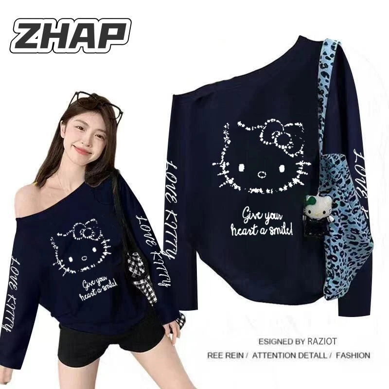 【ZHAP】斜领露肩显瘦宽松爆款遮肉洋气kitty长袖t恤女百搭韩系穿搭