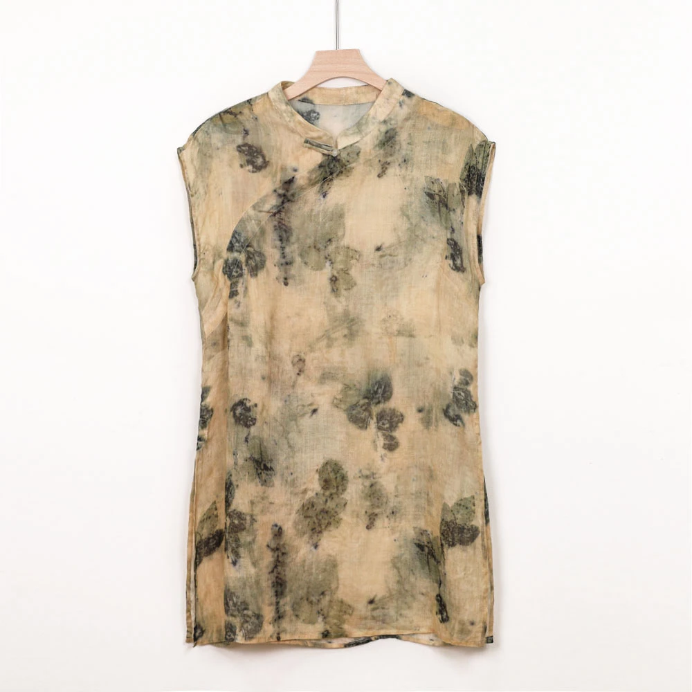 8862王楠自制无袖草木拓染盘扣新中式苎麻旗袍上衣