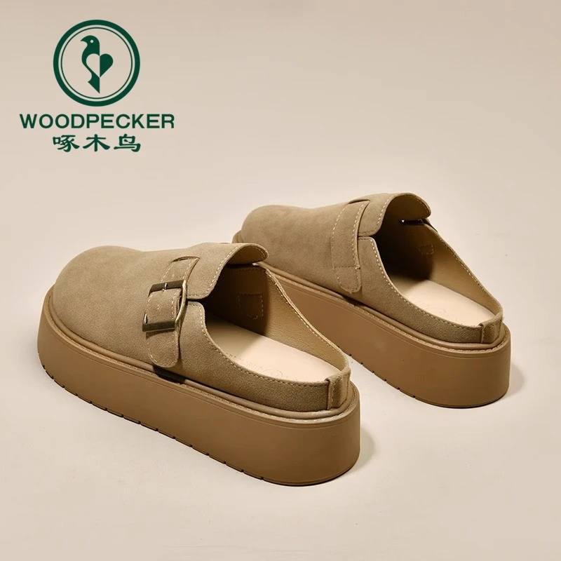 啄木鸟复古厚底勃肯包头半拖鞋女2025春秋新款增高外穿懒人博肯鞋