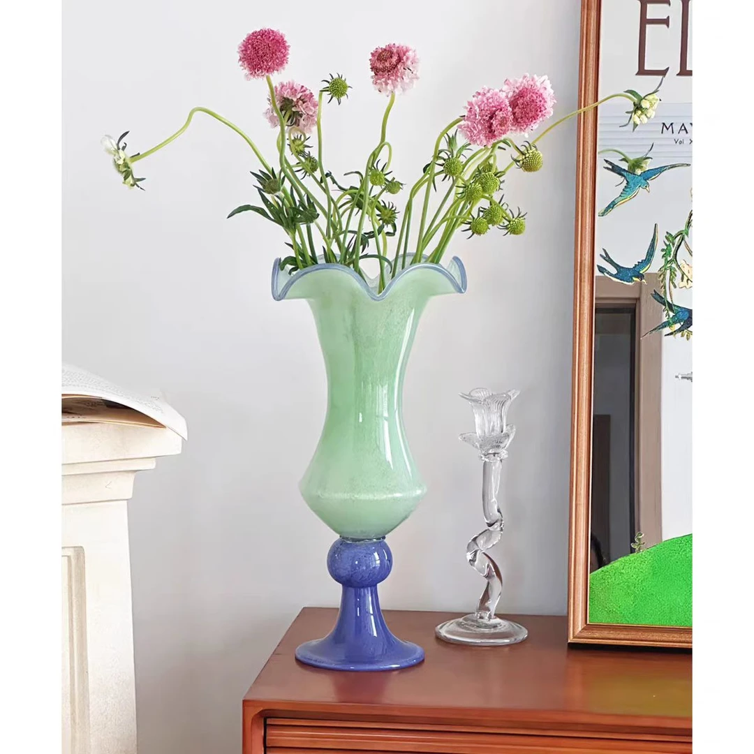 Vintage复古风中古法式餐桌花瓶手工琉璃高脚花器摆件插花装饰品