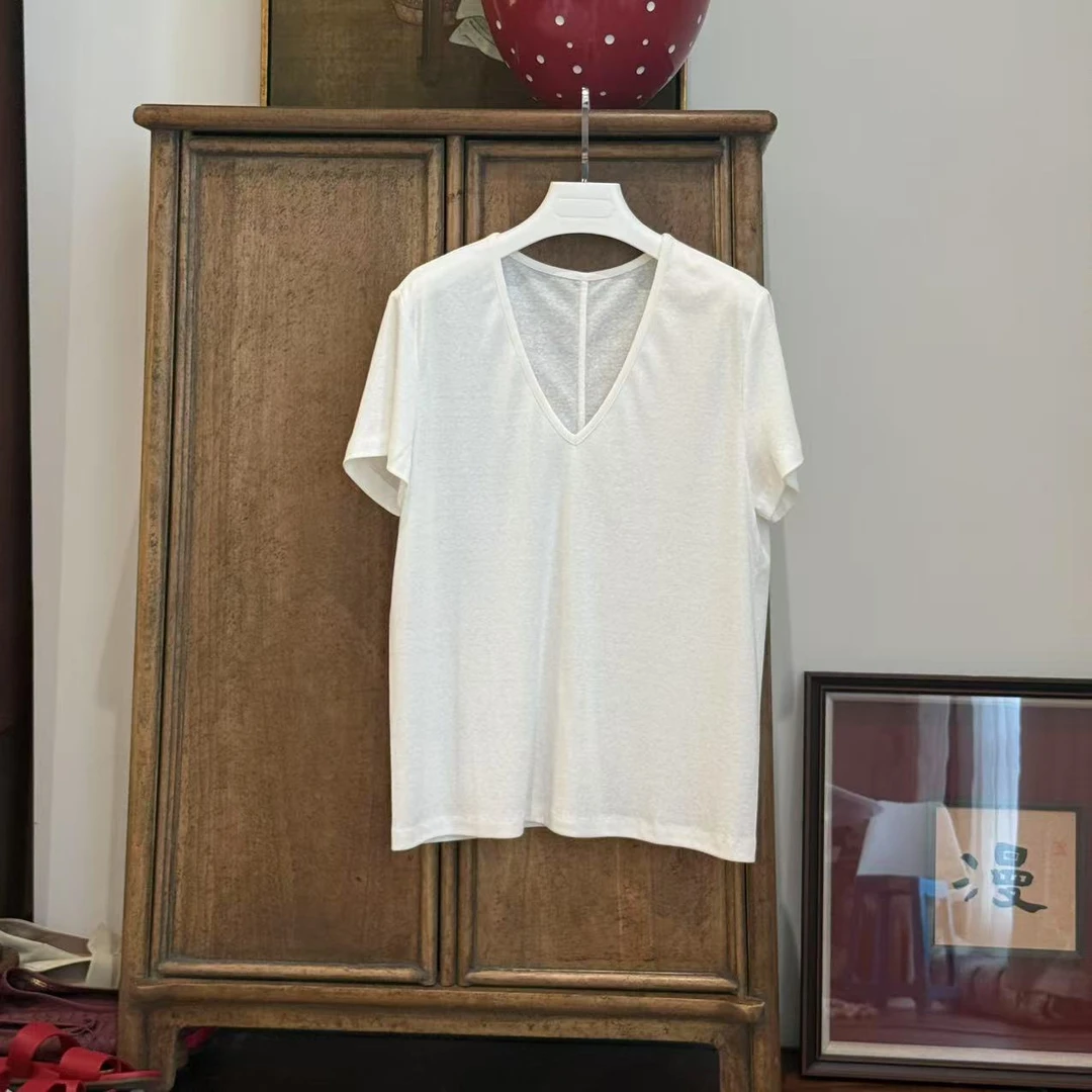 MYL 2025夏季新品棉麻白色T恤V领短袖套头后接缝休闲宽松上衣