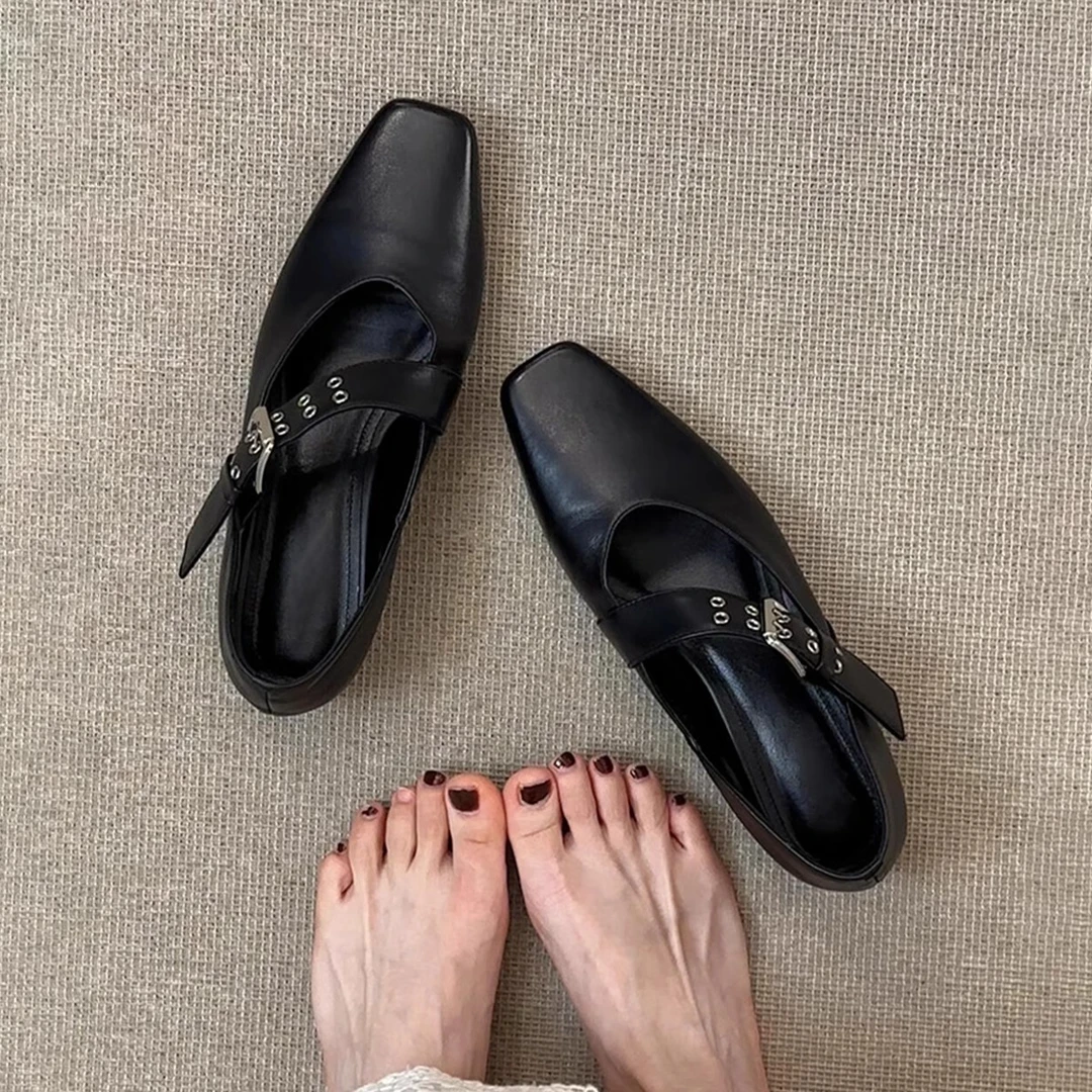 牛皮版~百搭平底通勤小单鞋女皮带扣复古小皮鞋方头个性玛丽珍鞋