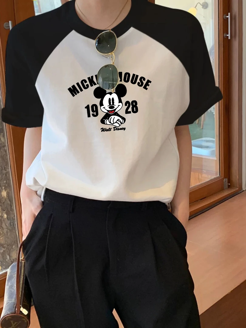 透气拼接时尚通勤印花T恤学生短袖ins半袖百搭拼色夏季韩系上衣潮