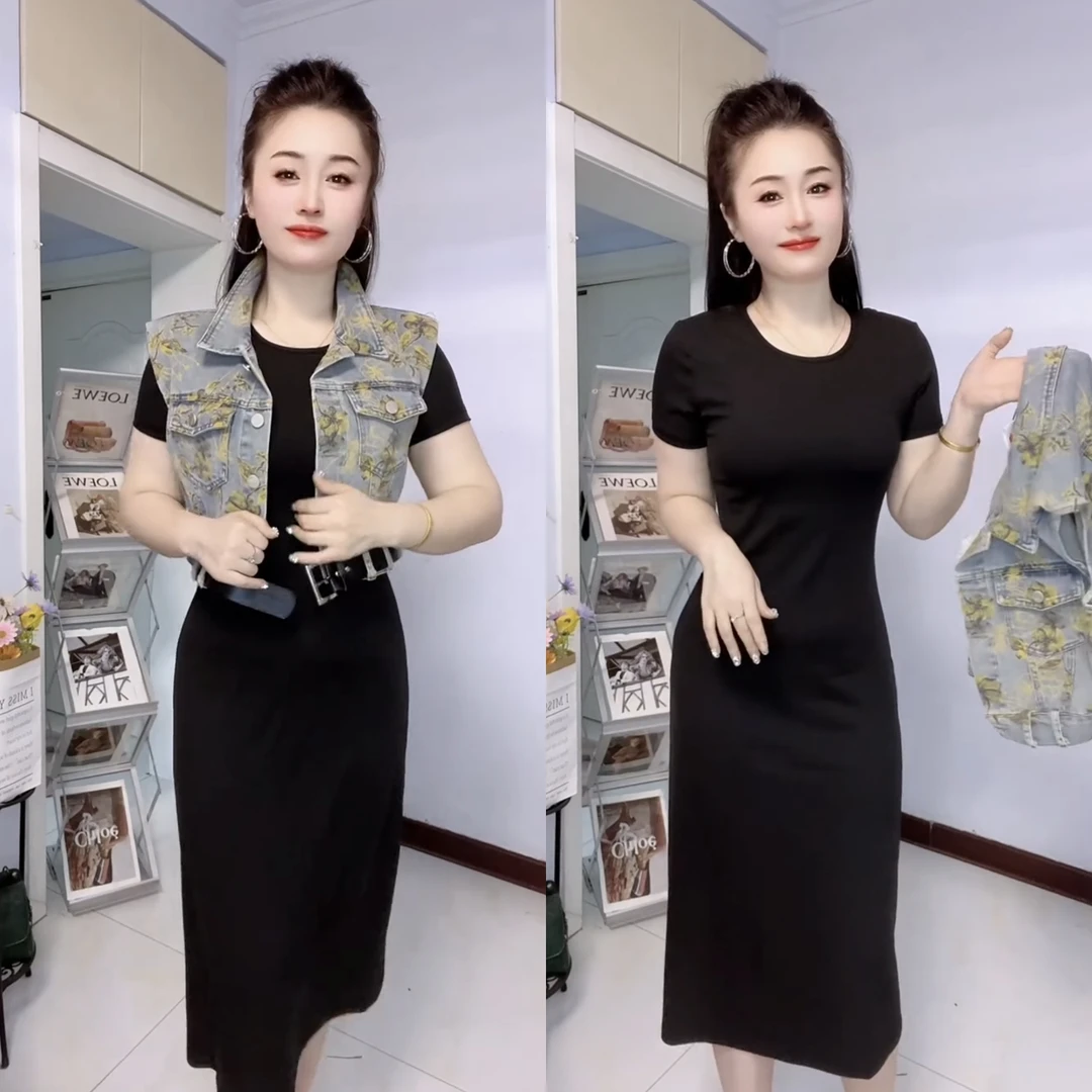 夏季新款女装短袖修身黑色连衣裙韩版简约通勤马甲法式气质两件套