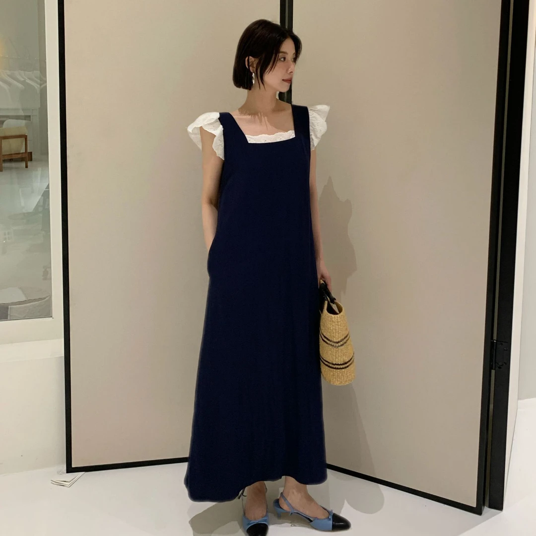 NEW OPEN-25夏韩国chic法式气质长裙方领飞飞袖连衣裙H25S5813