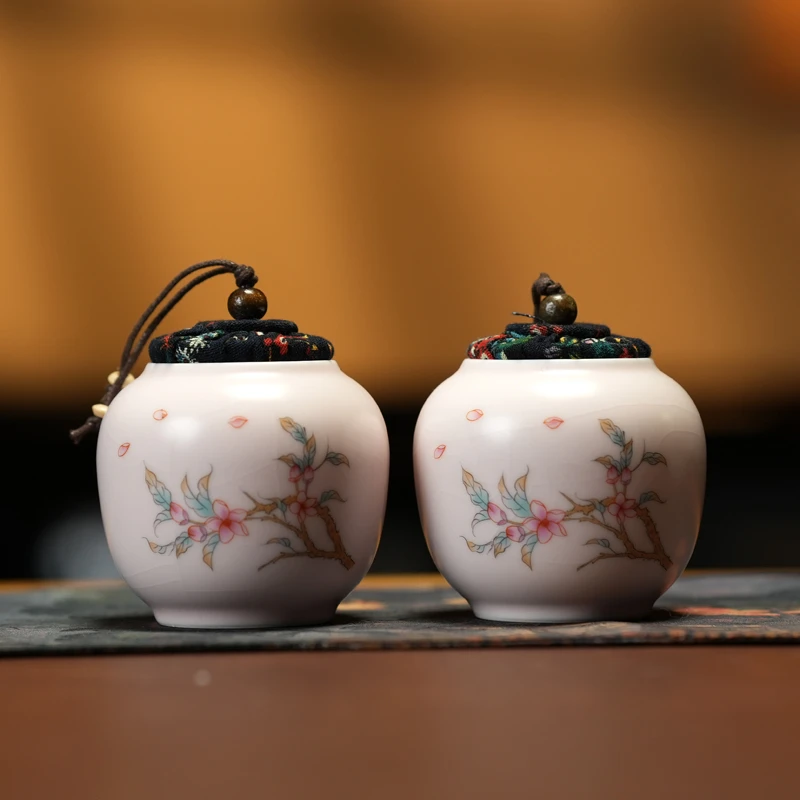 福利 中式粉色汝窑桃花开片茶叶罐精美家用密封罐 q085