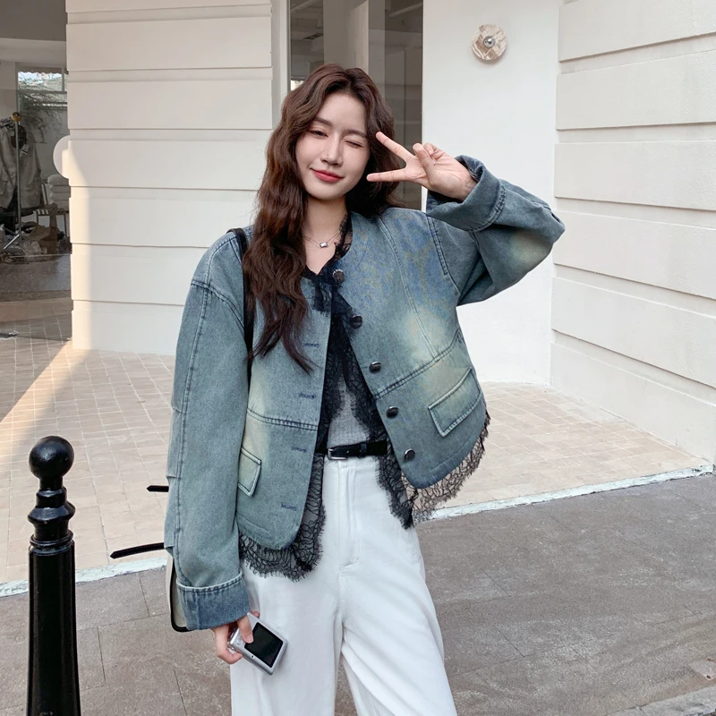蕾丝拼接撞色单排扣牛仔外套女2025年春秋季新款小个子氛围感夹克