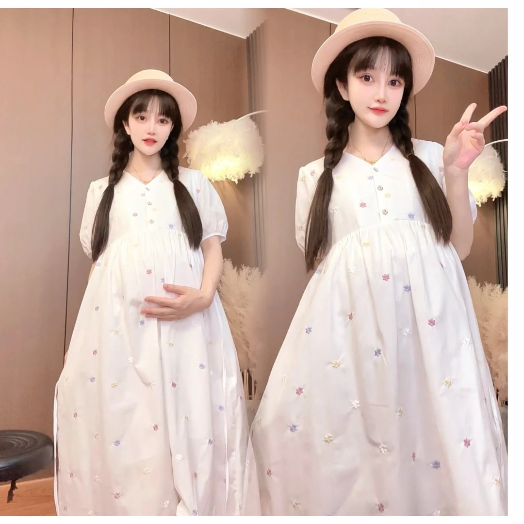 孕妇装法式镂空提花泡泡袖刺绣连衣裙夏季显瘦中长款休闲孕妈穿搭