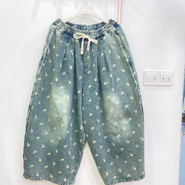 489欧货爆款牛仔印中号玫瑰花大版宽松女裤
