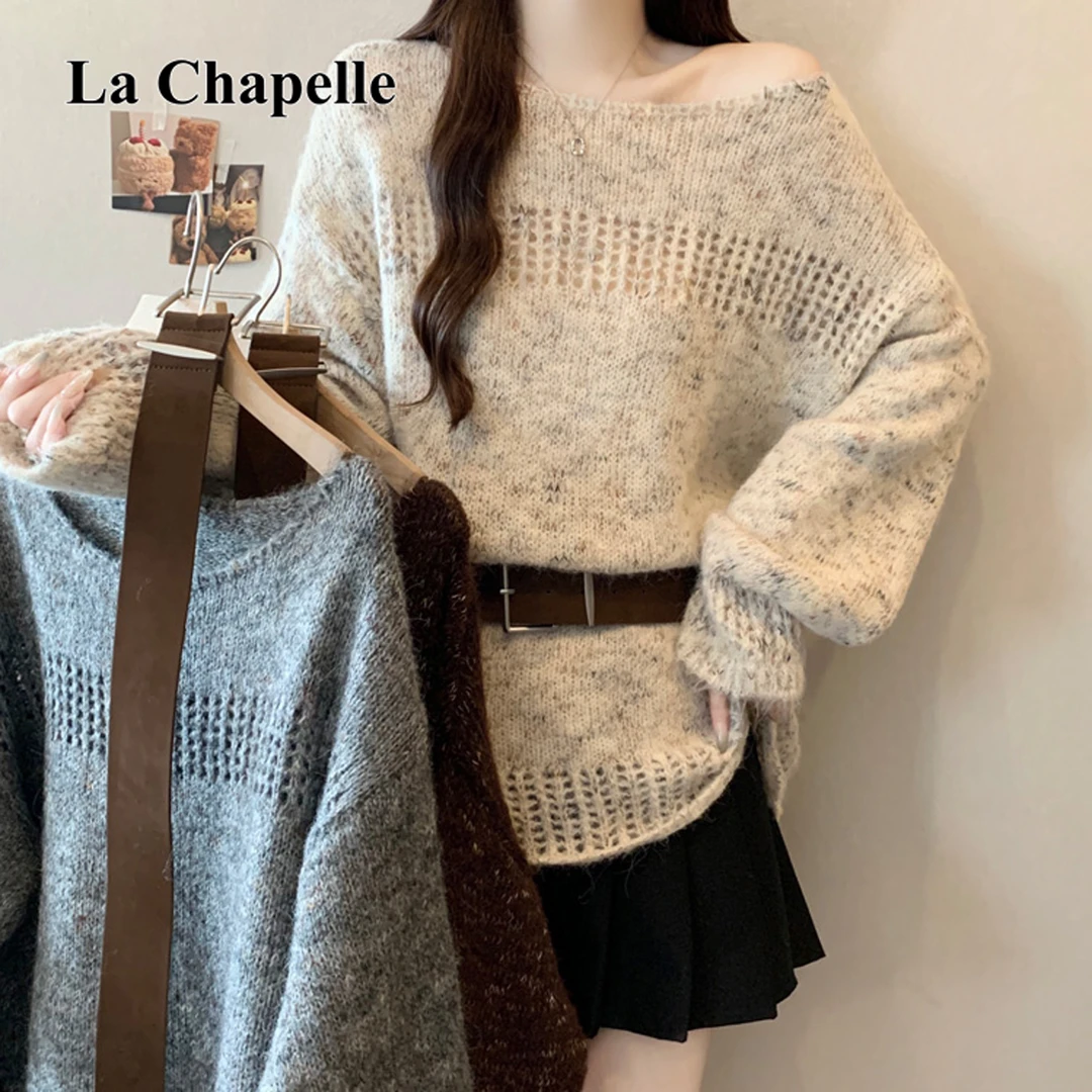 拉夏贝尔韩系慵懒风镂空斜肩针织衫上衣女早秋款时尚软糯显瘦毛衣