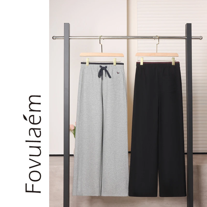 枫竺阿楠anan 松弛盎然 松紧腰撞色抽绳绣花休闲直筒裤卫裤女秋季