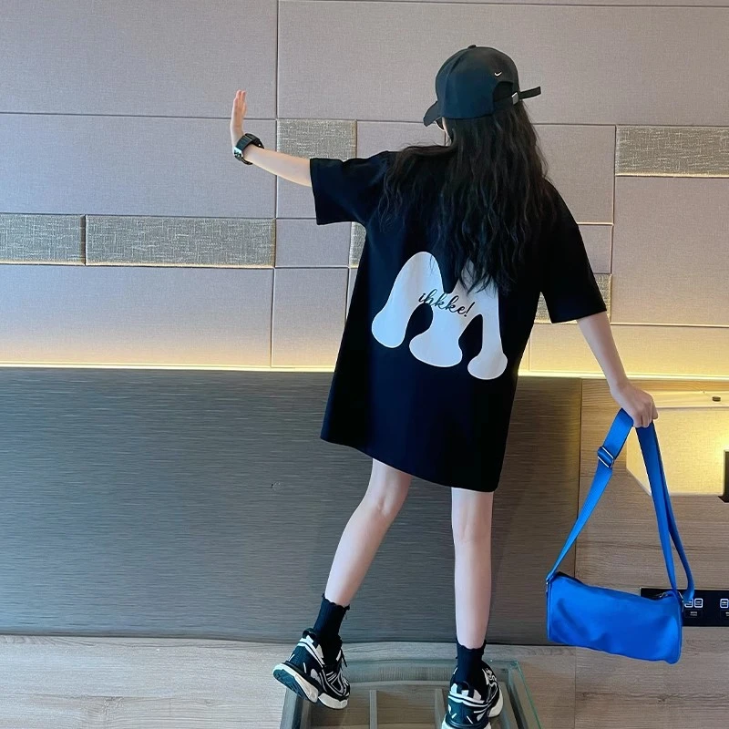 黑色t恤女童夏季2025新款爆款儿童潮牌上衣女孩大童夏装宽松短袖