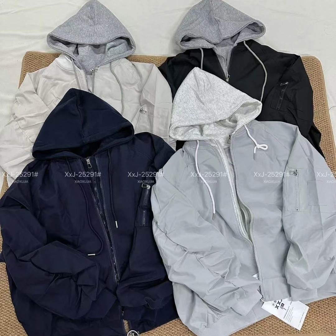 2025年秋季新款宽松美式复古净面假两件连帽棒球服外套25291