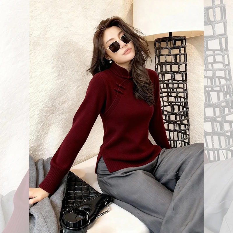 洋气高贵红色小立领针织衫毛衣内搭设计小众百搭打底上衣女秋冬季
