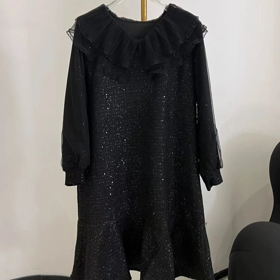 大码小香娃娃领拼接显瘦高定连衣裙9725新款百搭