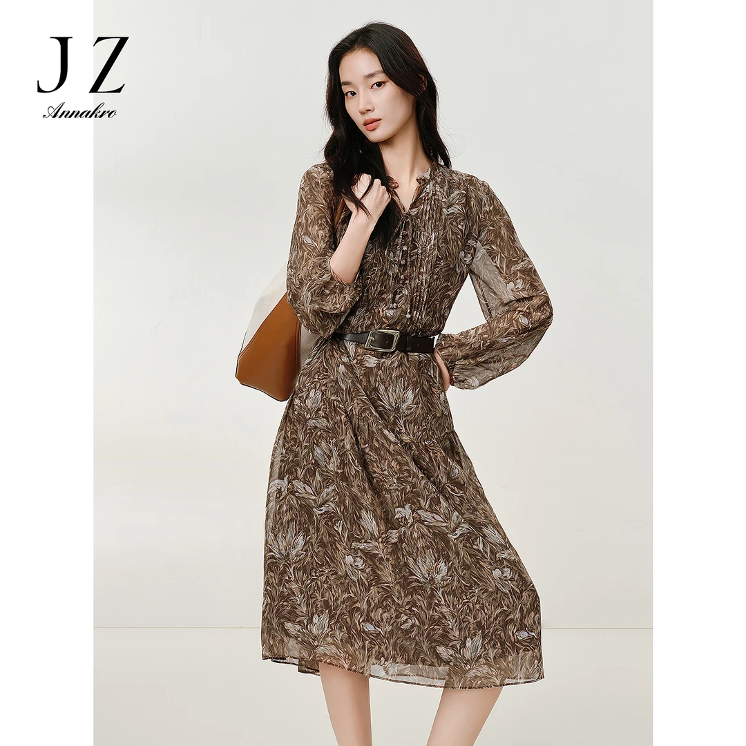 JUZUI玖姿气质植物印花木耳领雪纺连衣裙女2025秋季新款JTFQ50010