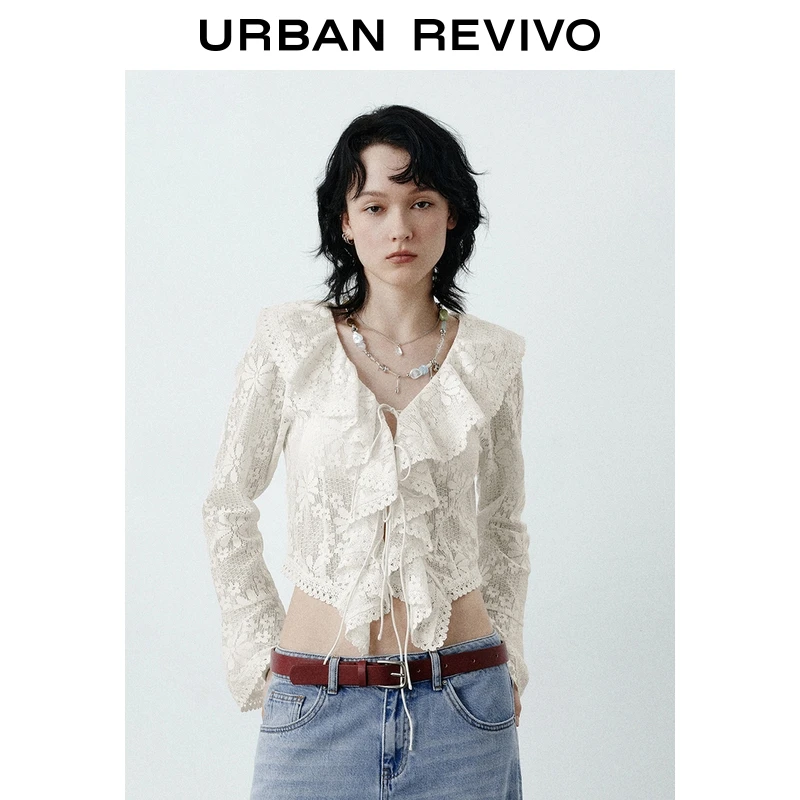 UR2025秋季新款女流光风荷叶边系带长袖开襟衬衫UYL250110