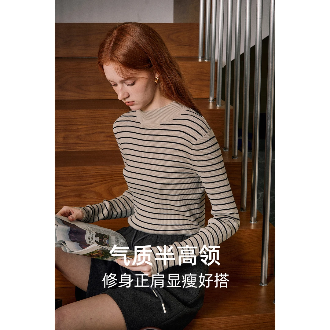 库恩玛维知识分子风卡其条纹毛衣女2025年冬季新款百搭气质针织衫