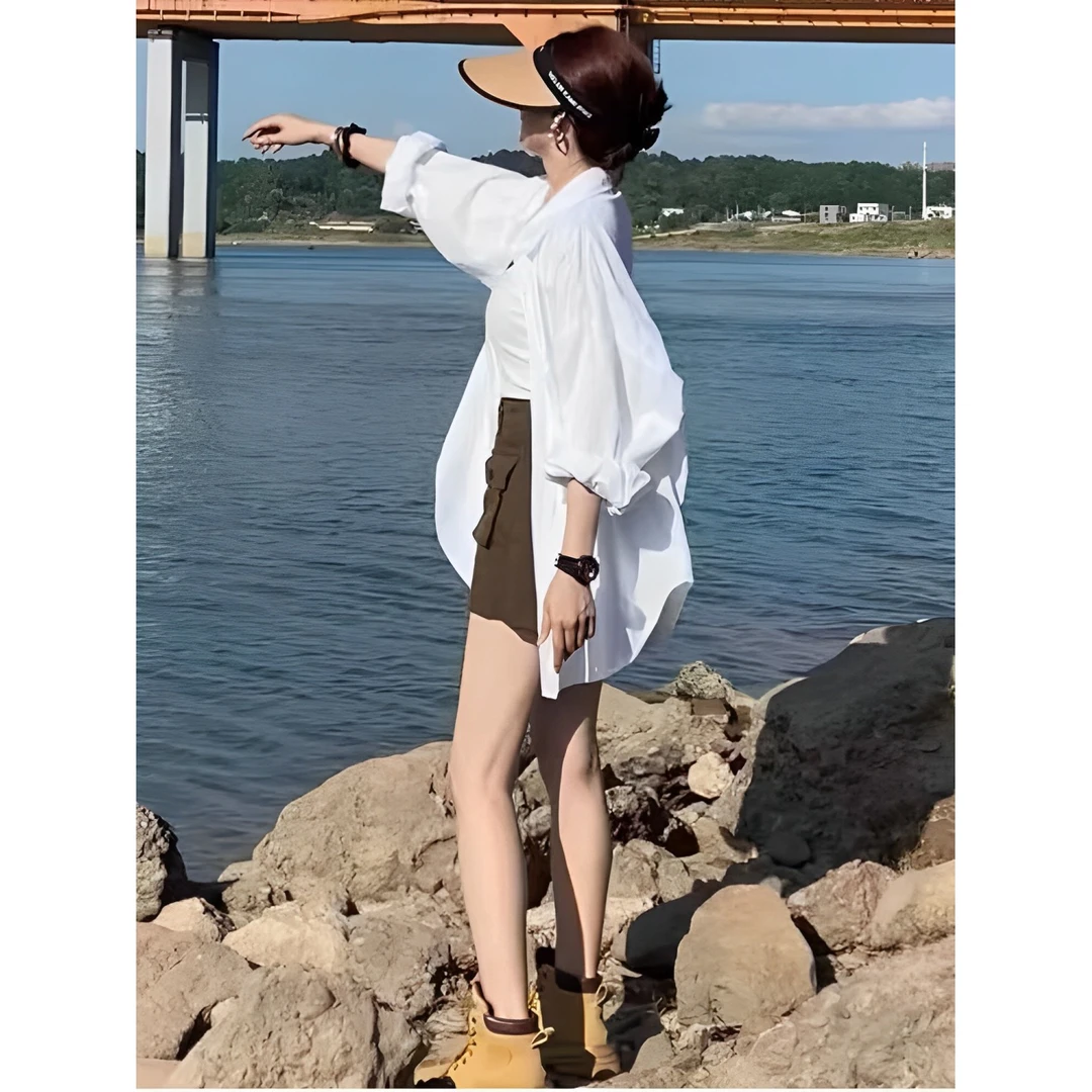 白色长袖衬衫女春季欧货薄款韩版洗水慵懒风休闲衬衣外套上衣