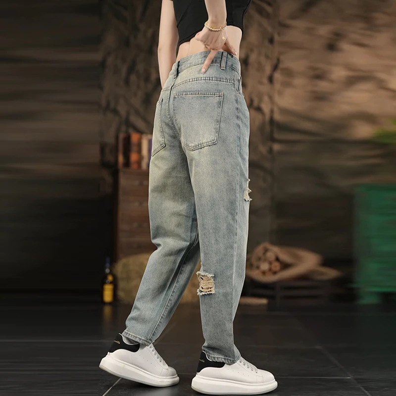 2025高端新款九分破洞男士牛仔裤直筒微宽松无弹水洗牛仔九分裤