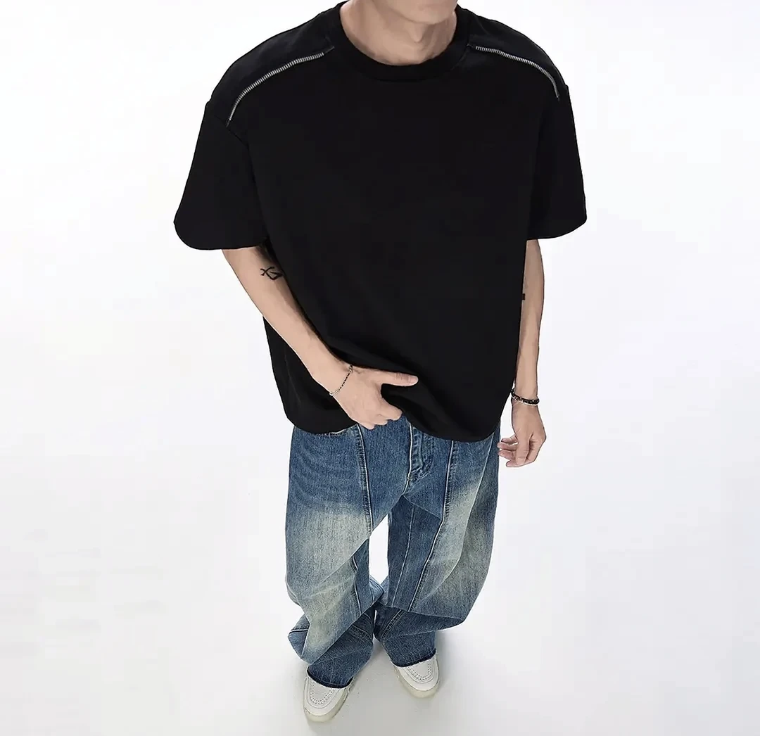 【结构拉链】美式液态棉Boxy版型短袖男夏季解构拉链设计感T恤半袖