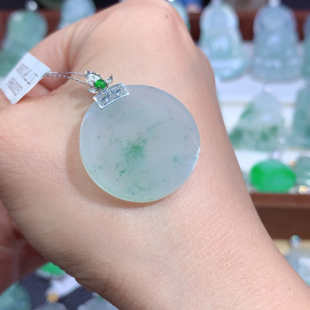 吊坠(不含链)18K金镶嵌翡翠天然缅甸A货翡翠揭阳工无事圆牌