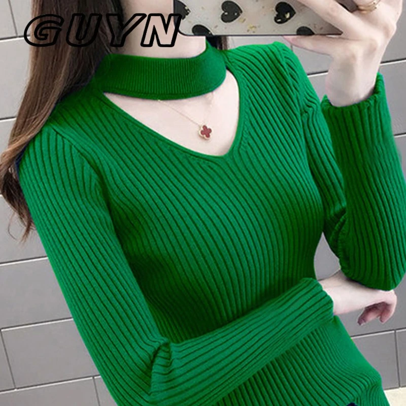 GUYNV领镂空打底衫女秋冬内搭修身绿色毛衣洋派2025年新款针织衫