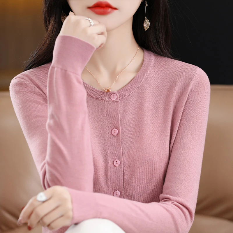 春夏薄款针织开衫外套女圆领长袖超细羊毛软糯外搭内穿空调开衫P