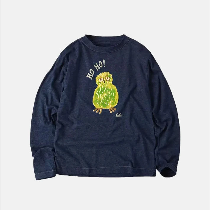 竹节棉蓝染牛仔蓝猫头鹰长袖字母刺绣T恤MA5SYDZ0128