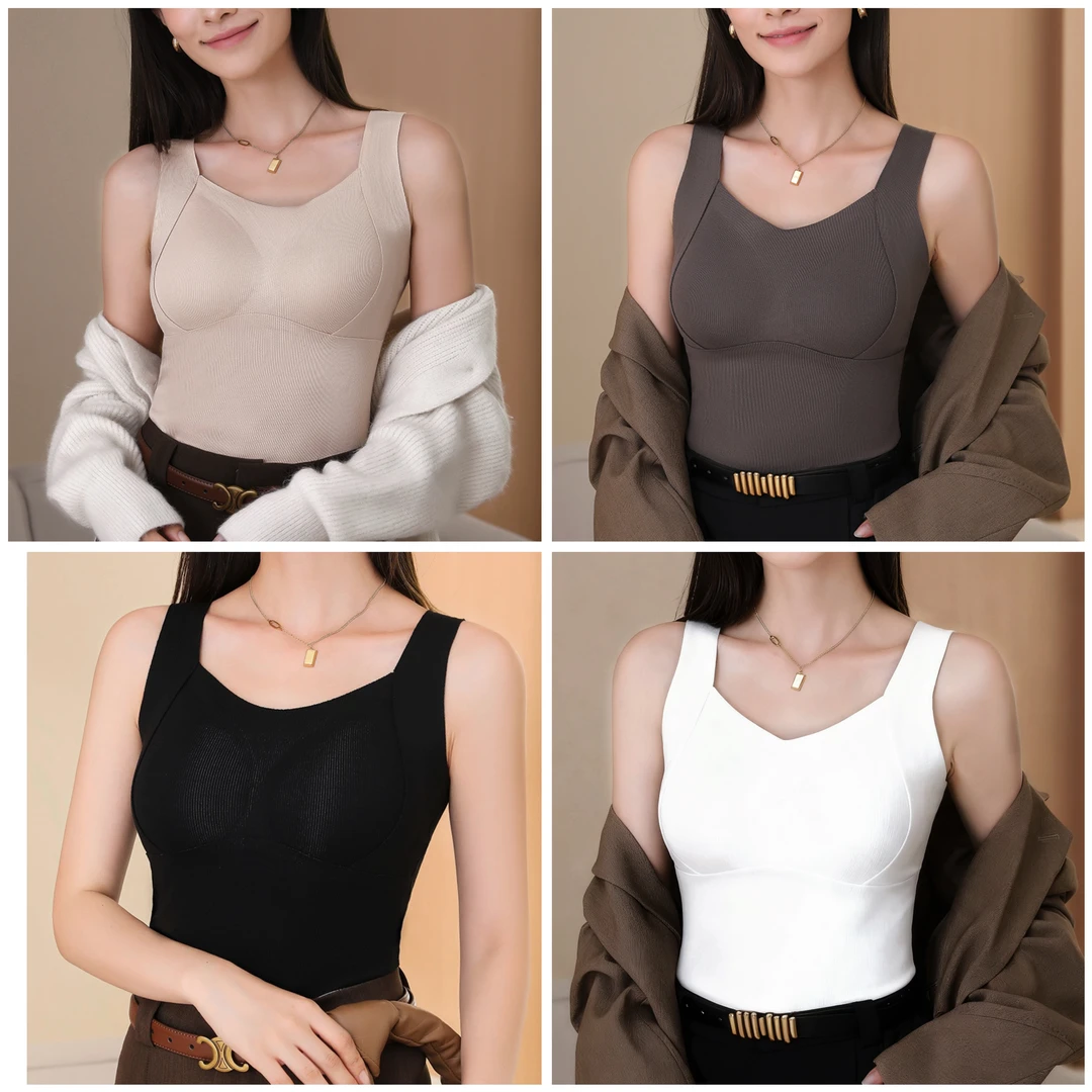冬季新款无痕保暖背心7A螺纹固定杯一体打底桑蚕羊毛混纺内衣K
