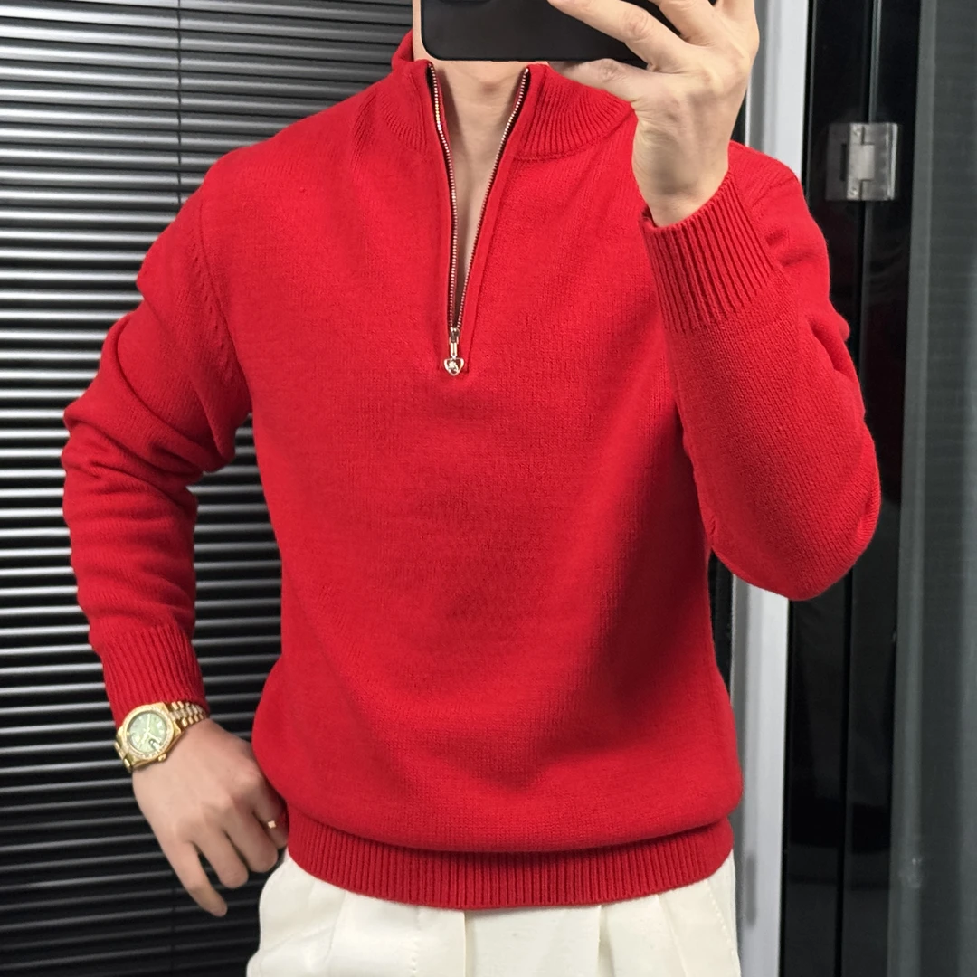 男士新款红色拉链立领时尚休闲保暖高领毛羊毛衫