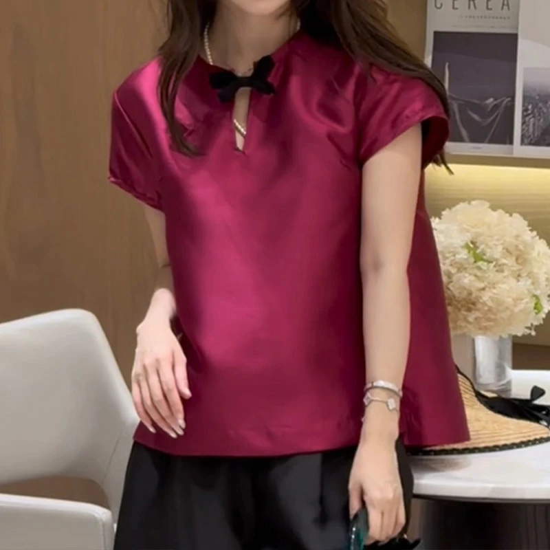 港风优雅时髦玫红色V领飞飞袖薄款衬衫通勤百搭宽松显瘦套头上衣