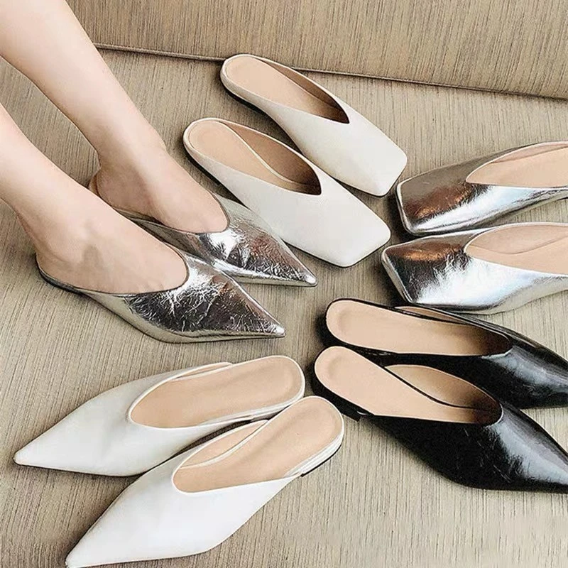 四月芳菲半拖油润感时髦复古方头平底包头拖鞋休闲一脚蹬穆勒鞋女