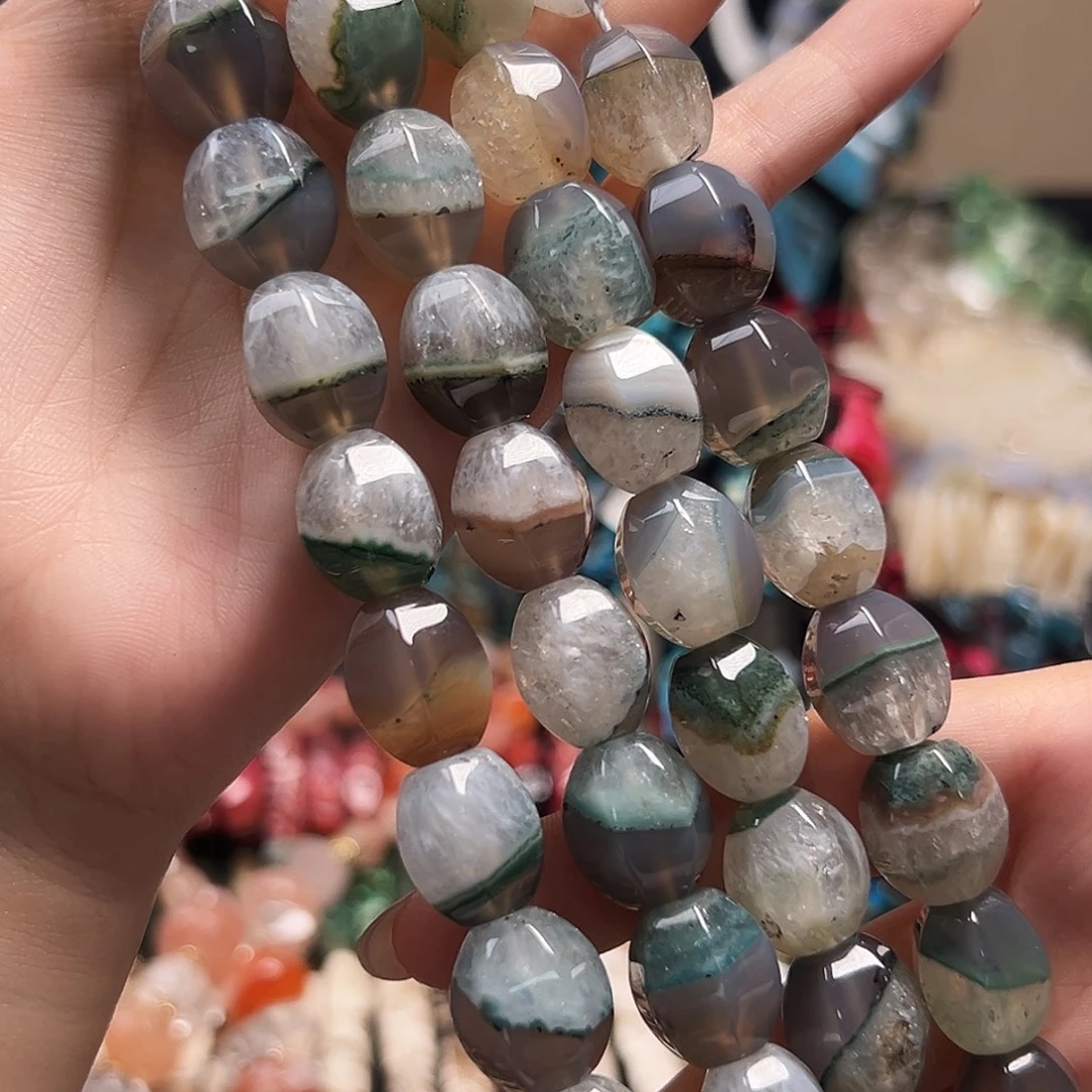 玛瑙/玉髓合金珠宝半成品B469水草水晶玛瑙共生石桶珠16.5*12mm