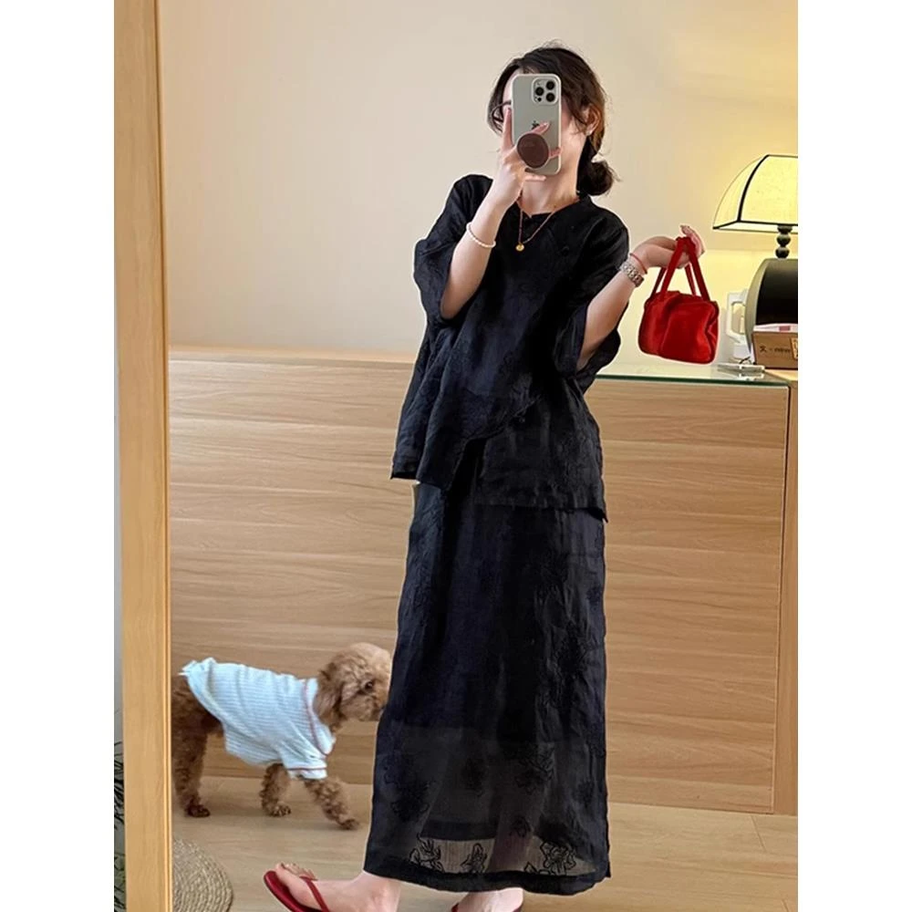 高奢新中式国风套装女夏季独特漂亮绝美黑色盘扣衬衫半身裙两件套