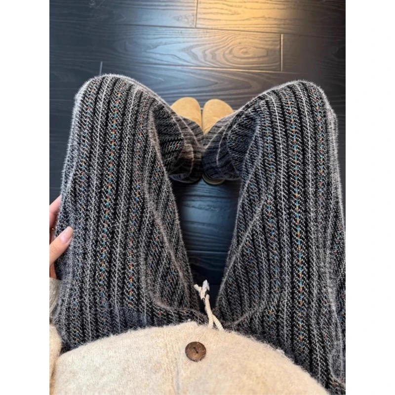 彩色条纹灯芯绒裤子男款秋冬美式小香风编织卫裤宽松直筒休闲长裤