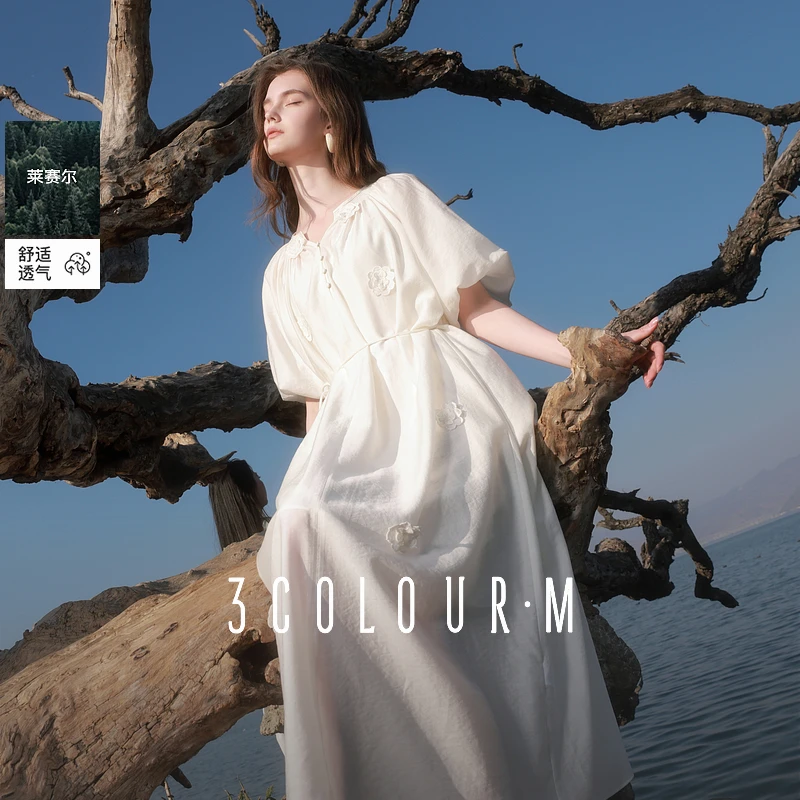 林一专属1627三彩2025夏季新款莱赛尔连衣裙立体花朵长裙灯笼dbq