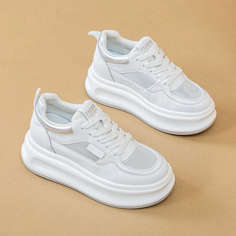 真皮网面小白鞋女夏季薄款百搭透气网鞋松糕厚底板鞋内增高休闲鞋