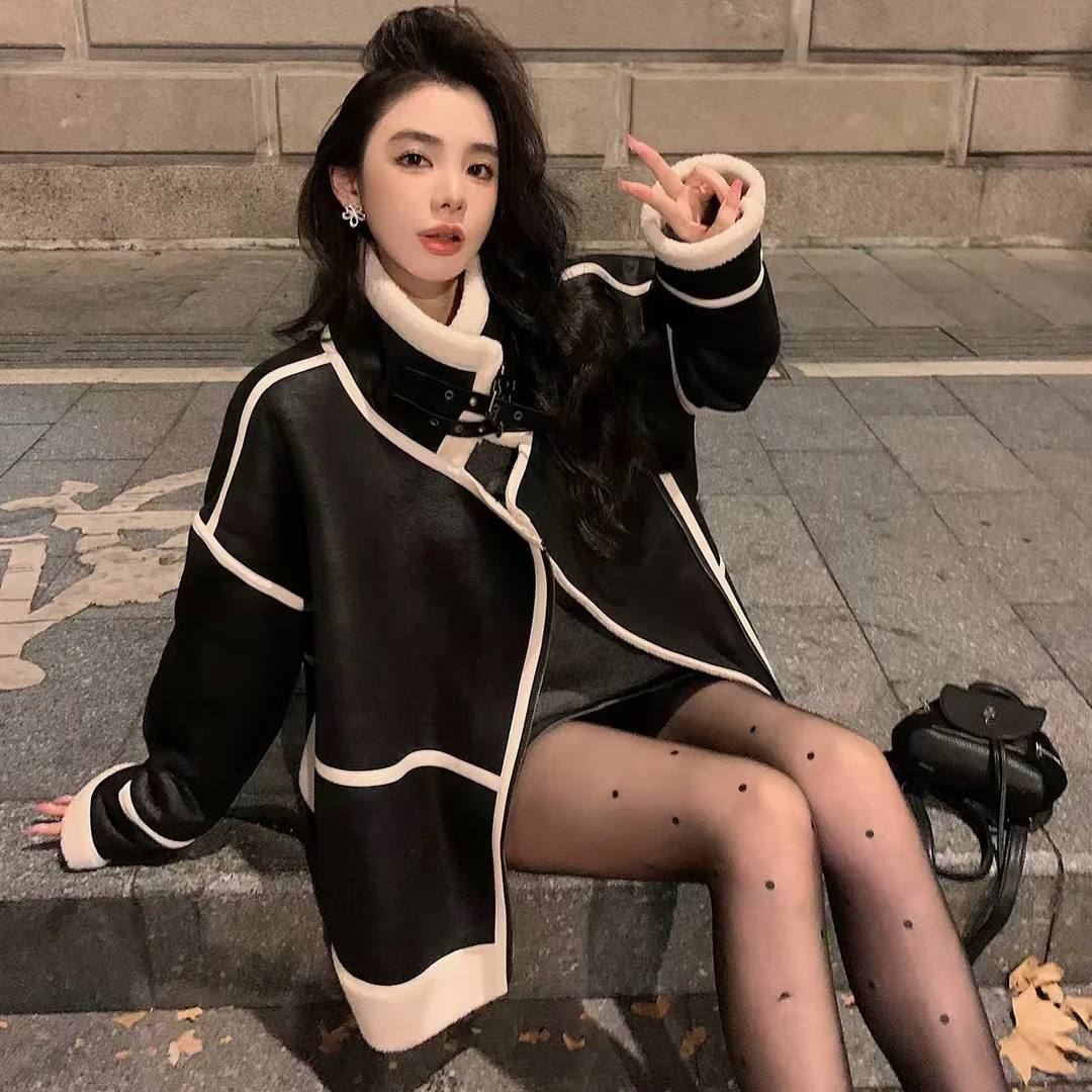 无印心匠纯色~拼接 立领 机车服 皮毛一体外套 A8809