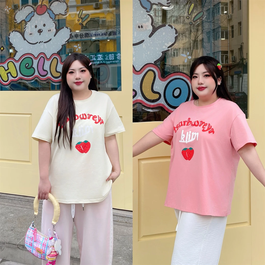 西瓜头号 / 乖巧可爱草莓印花T恤14539花契大码200斤胖mm夏季时尚