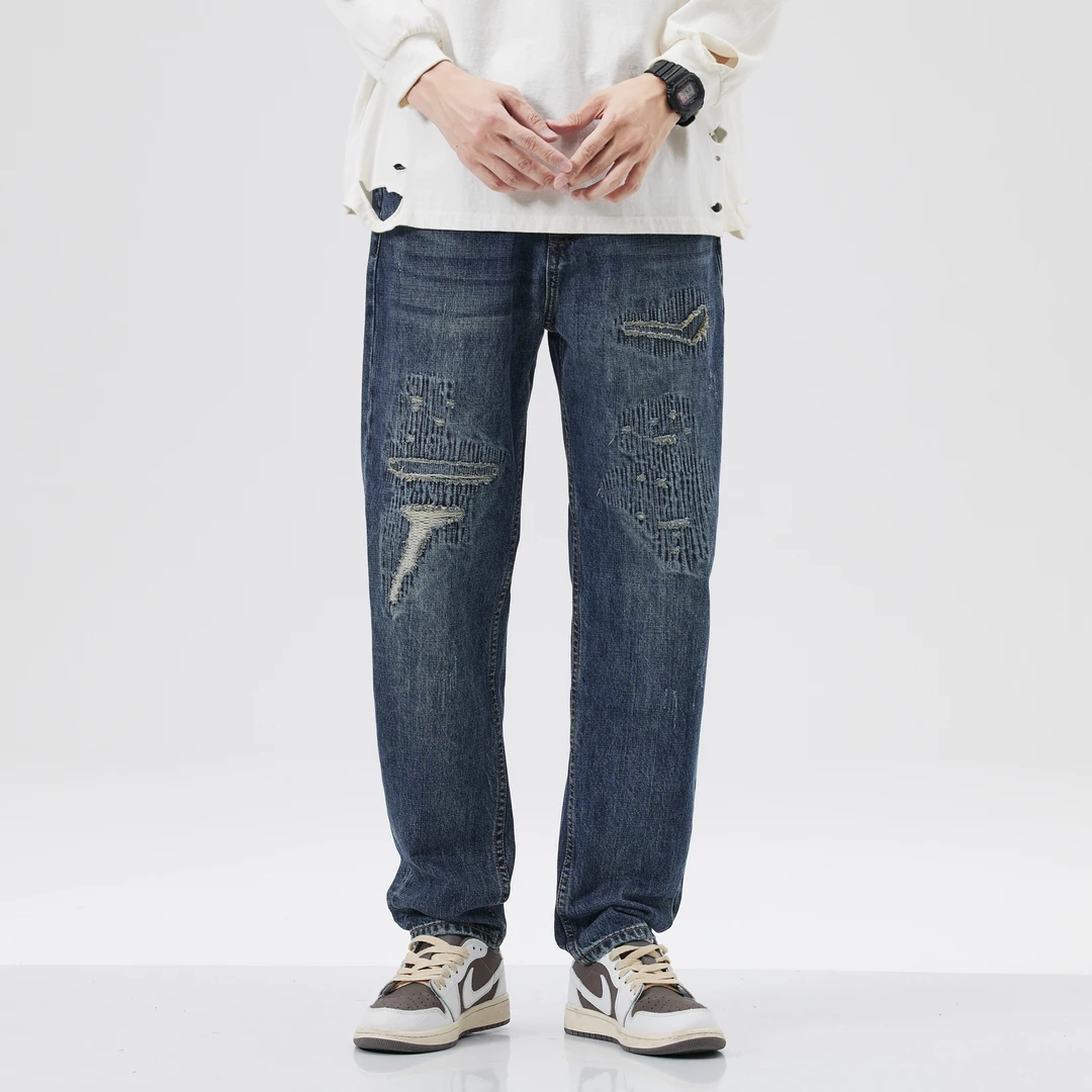 【赤原】美式重磅复古水洗刺绣牛仔裤男宽松直筒微锥裤