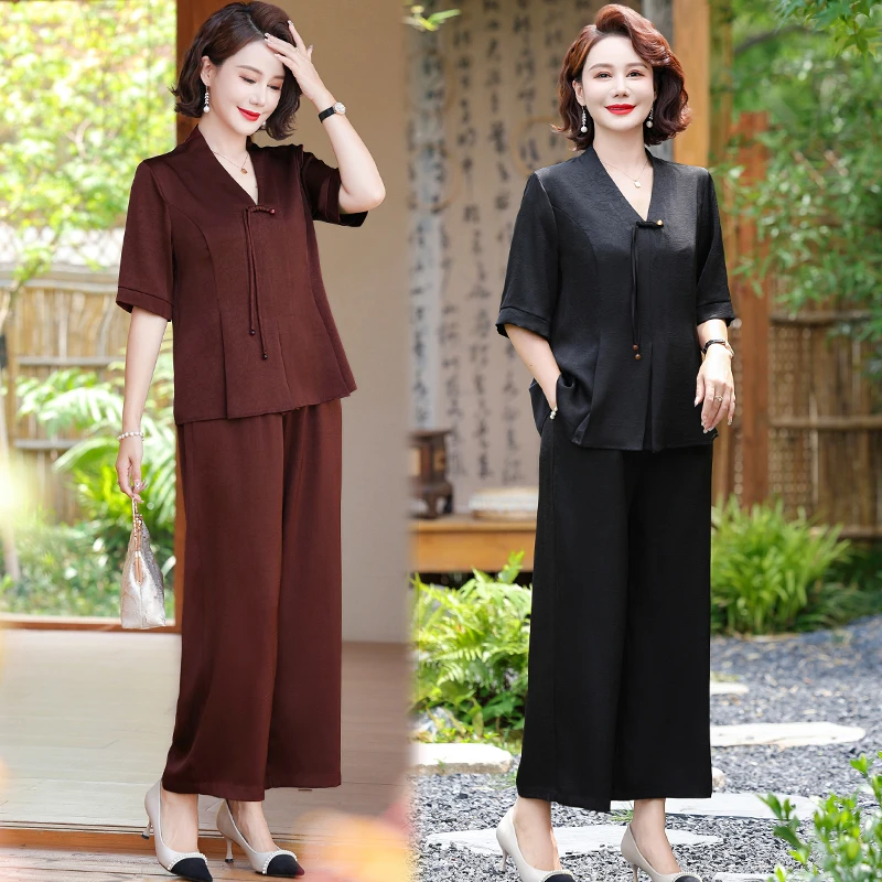 2025夏季新款气质短袖V领两件套女装洋气妈妈凉快缎面提花套装