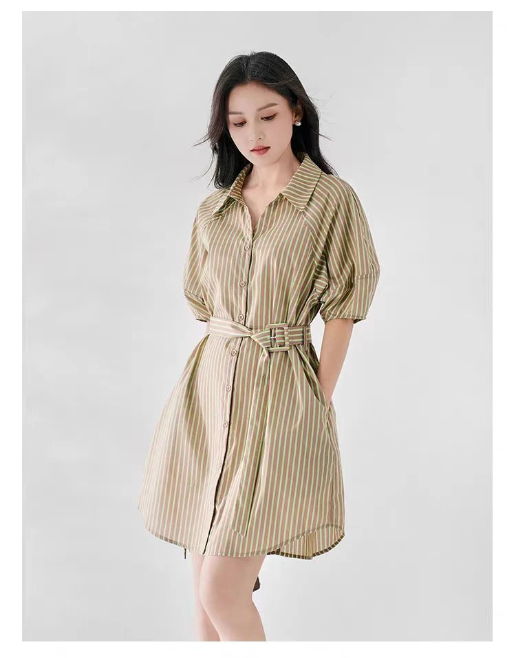 时尚夏季绿条纹休闲显瘦女装连衣裙2025女宽松休闲胖妹妹遮肉长裙